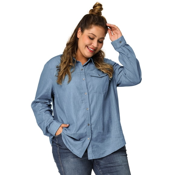 GRACE & GRANDEUR Women's Plus Size Long Sleeve Denim Button Chambray Shirt