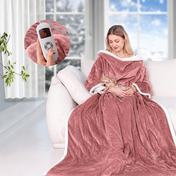 Ocuuziisu Wearable Heated Throw Blanket with Pockets, 50" x 70" Flannel and Sherpa Electric Wrap Poncho Shawl, 9 Heat Settings, 10-Hour Auto Shut Off, Machine Washable, Pink
