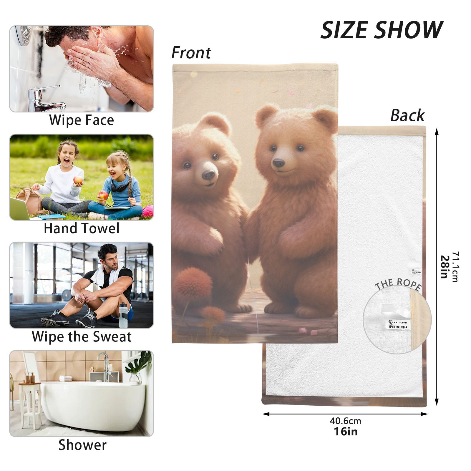Cute Bears Hand Towels Cotton Bath Towels Large Face Towels Absorbent for Bathroom 2 Packs