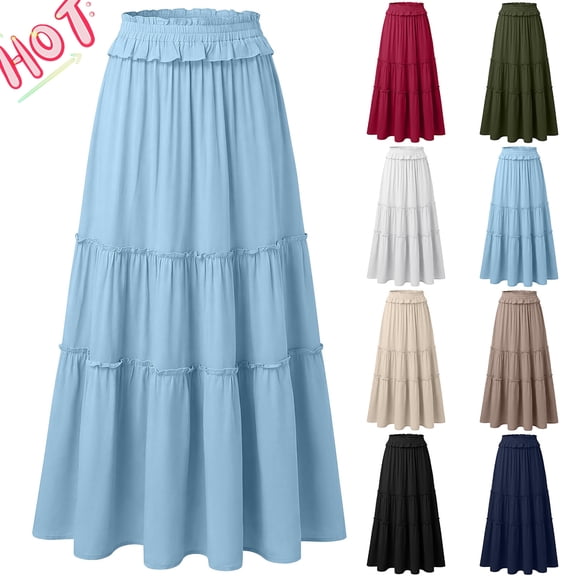 Taqqpue Women Skirt Casual Solid Color Elastic Waist Skirt Plus Size Dress Flowy Swing Tiered Midi Long Shirt for Women