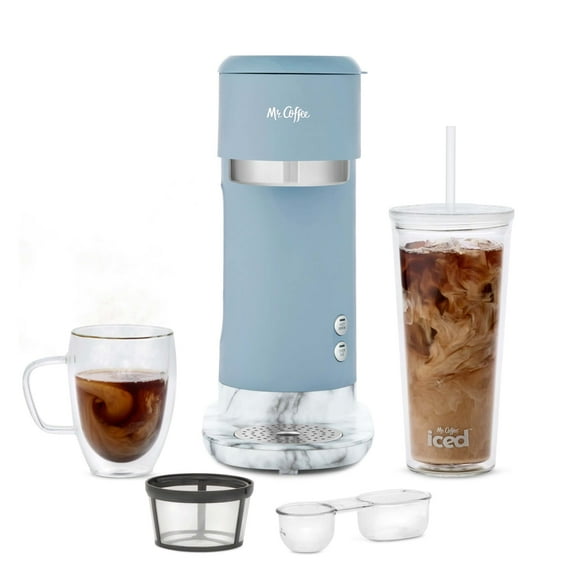 Mr. Coffee Single-Serve Iced and Hot Coffee Maker with Reusable Tumbler and Gold Tone Coffee Filter, Blue and Marble
