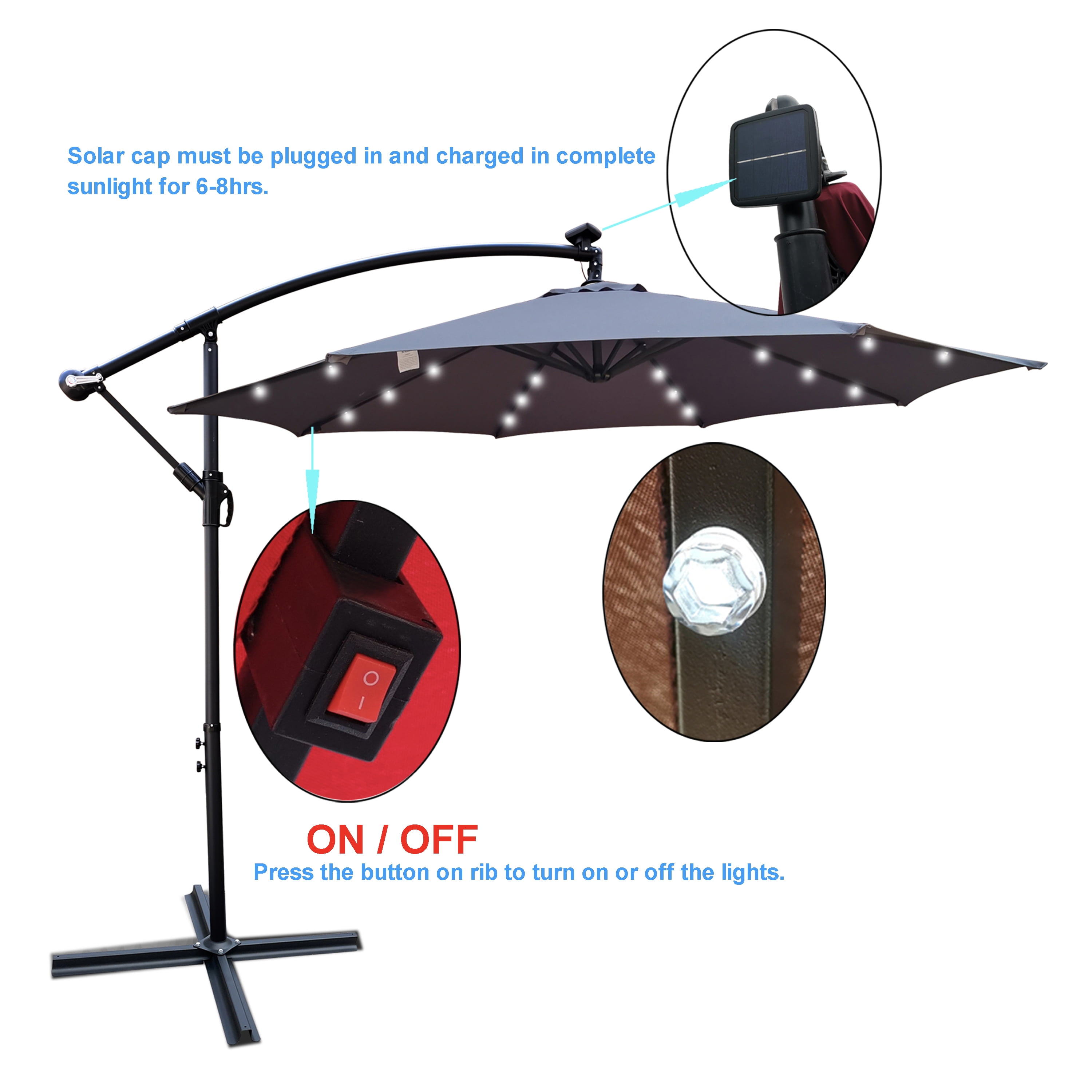 Royard Oaktree 10FT Patio Offset Umbrella w/Solar LED Lights Outdoor Cantilever Hanging Umbrella w/Crank & Cross Base UV Protection Sun Shade for Market Garden Lawn Deck Backyard Pool,Medium grey