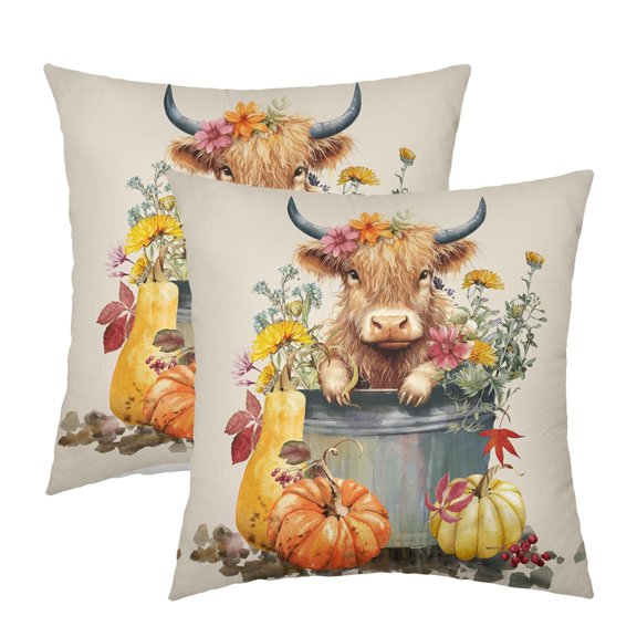 ABSOP Fall Pillow Covers 20x20 Inch Set of 2 Cow Flowers Pumpkins Maple Leaf Decorative Throw Pillows Cases Farmhouse Decor for Sofa Couch Porch Living Room Outdoor