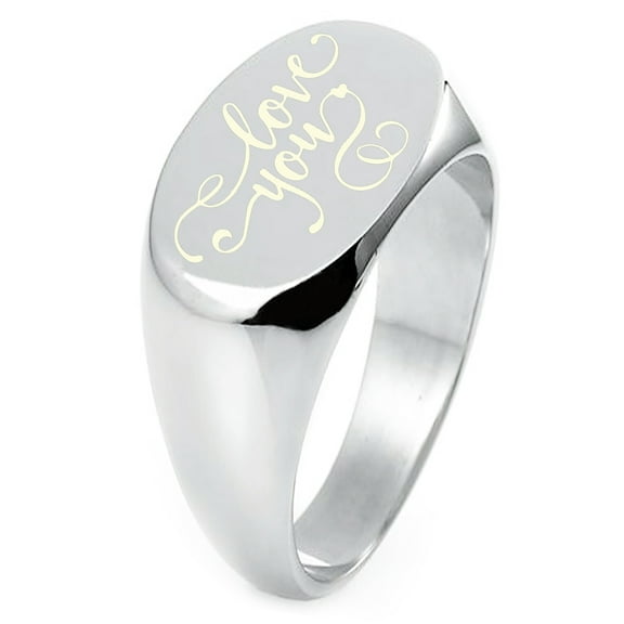 Sterling Silver Love You Calligraphy Swirl Engraved Oval Flat Top Polished Ring