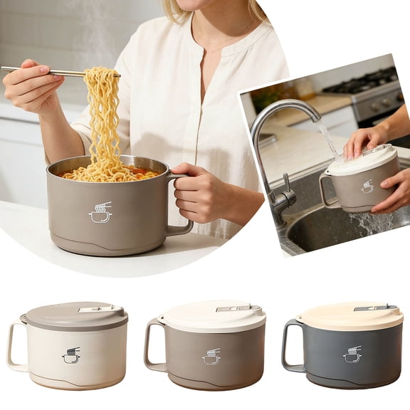 Novamily Leak Proof Ramen Bowl, 1100ml Double Wall Stainless Steel Rapid Noodle Cooker with Lid, Handle, Only with Hot Water, Ramen Soup Bowl for Office College Dorm Room (C)