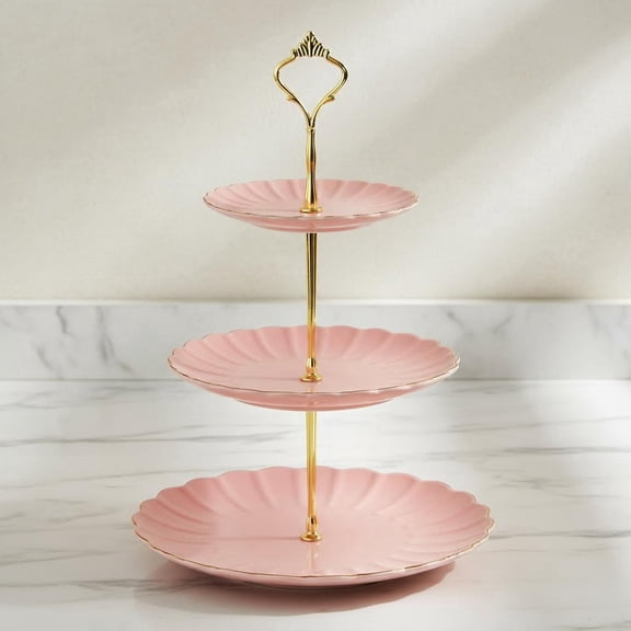 Ceramic Cake Stand, Dessert Cupcake Stand for Tea Party Serving Platter (Pink)