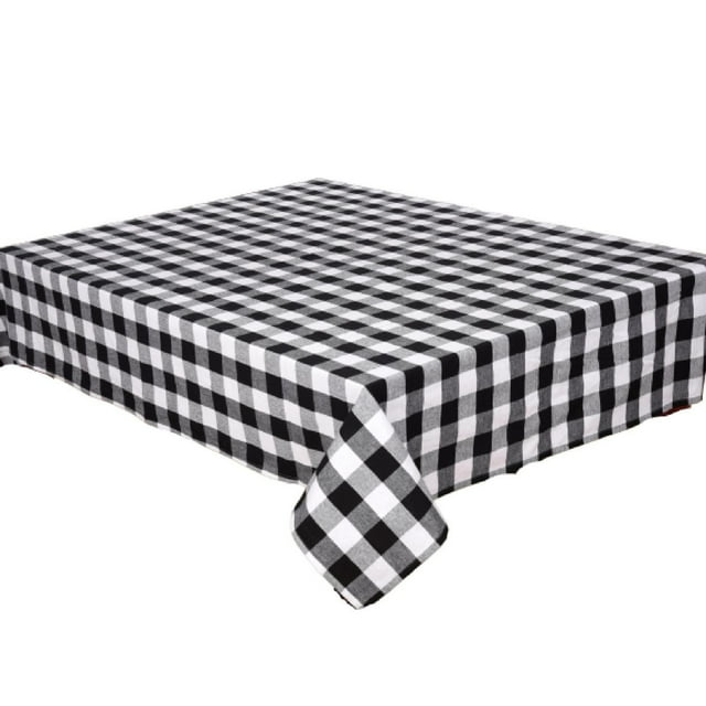 52 by 72 inch black and white buffalo check tablecloth on a square table.