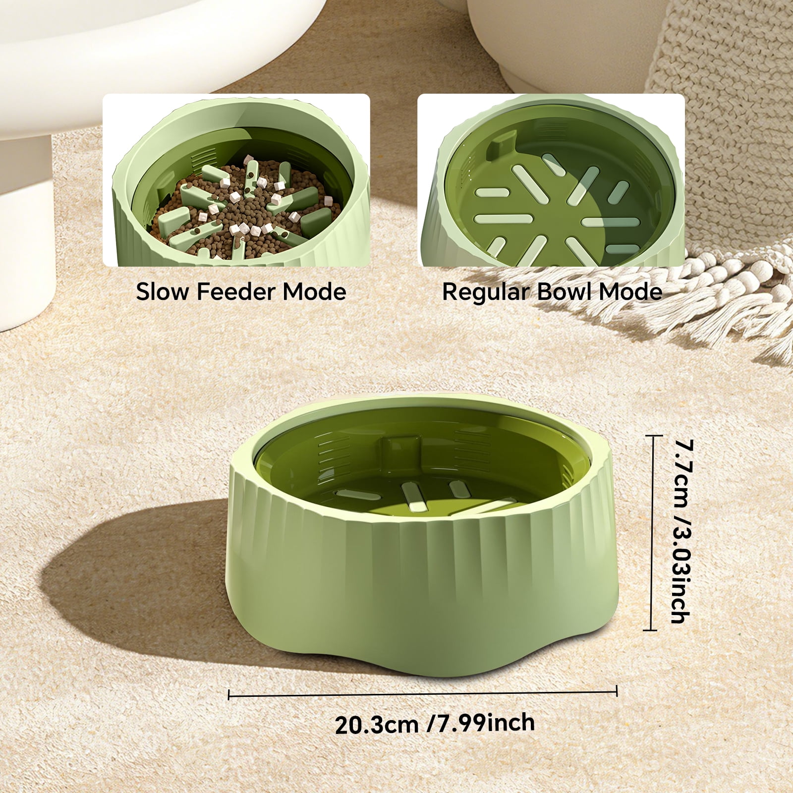 Pet Slow Feeding Bowl, Anti-Choking Bowl Switchable Anti-Slip Anti-Spill Dish for Dogs and Cats, Green