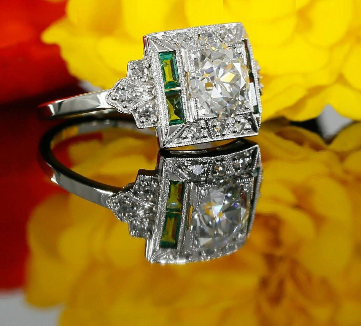 HeartsAndYou 1.5ct Round Cut Moissanite Emerald Art Deco Engagement Ring for Women 18k White Gold Over Silver
