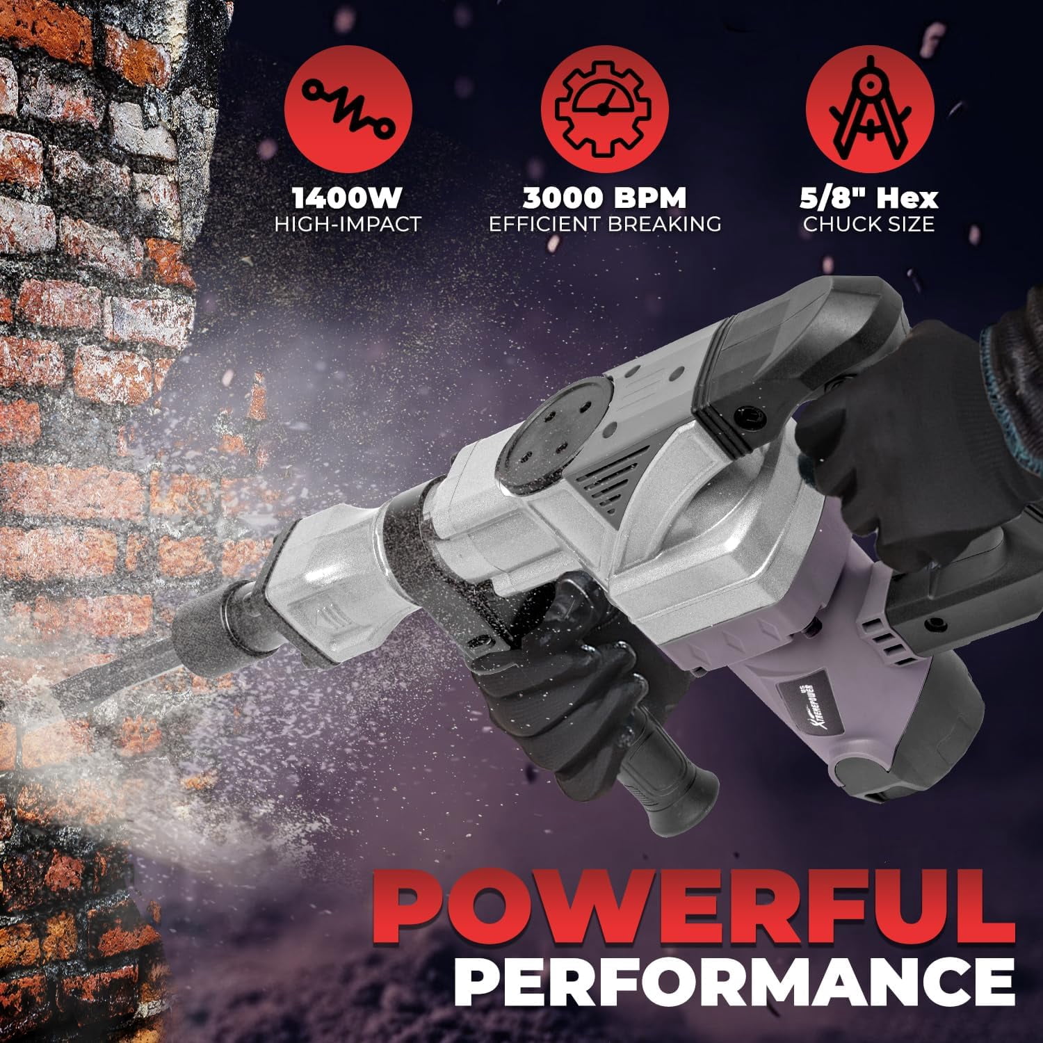 XtremepowerUS Demolition Jack Hammer, 1400W Electric Jackhammer Heavy Duty, 2pc Chisels Bits Chipping With Case, 3000 BPM Concrete Breaker, 5/8" Hex Shank