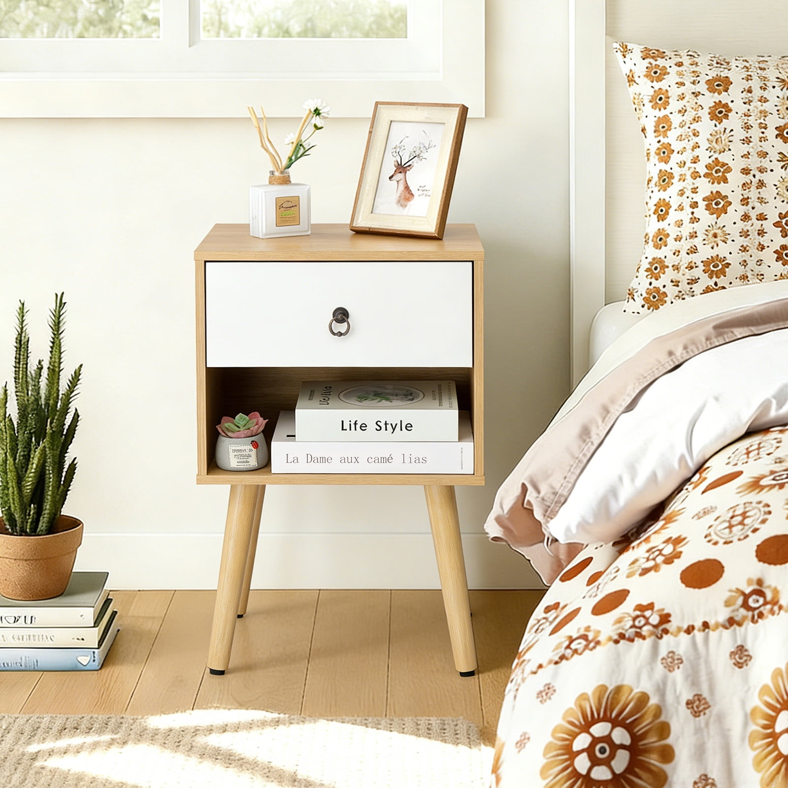 Ktaxon Wooden Night Stand Side End Table Storage Shelf with One Drawer Night Stand Sets of 1, Oak