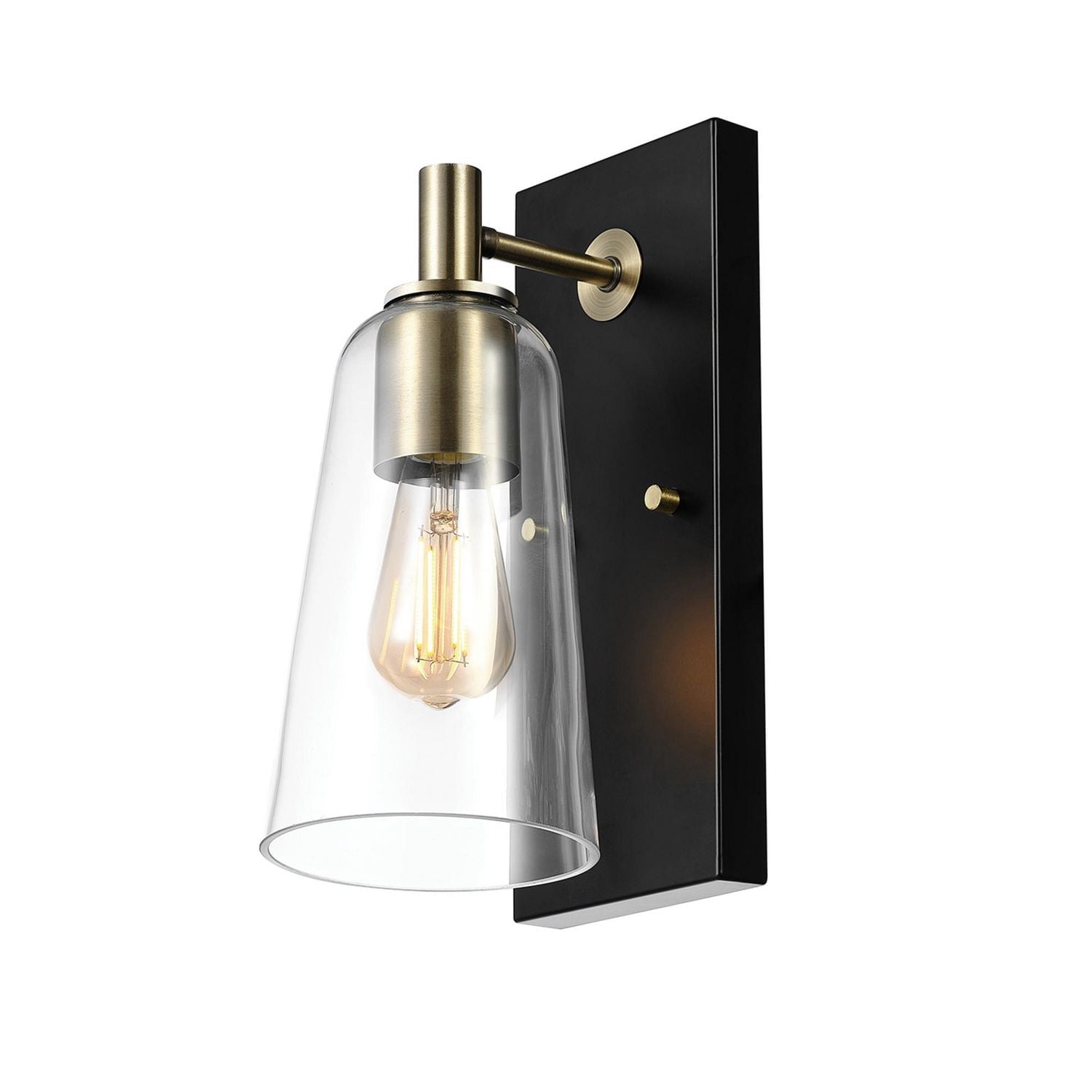 1-Light Matte Black Wall Sconce with Matte Brass Accents and Clear Glass Shade