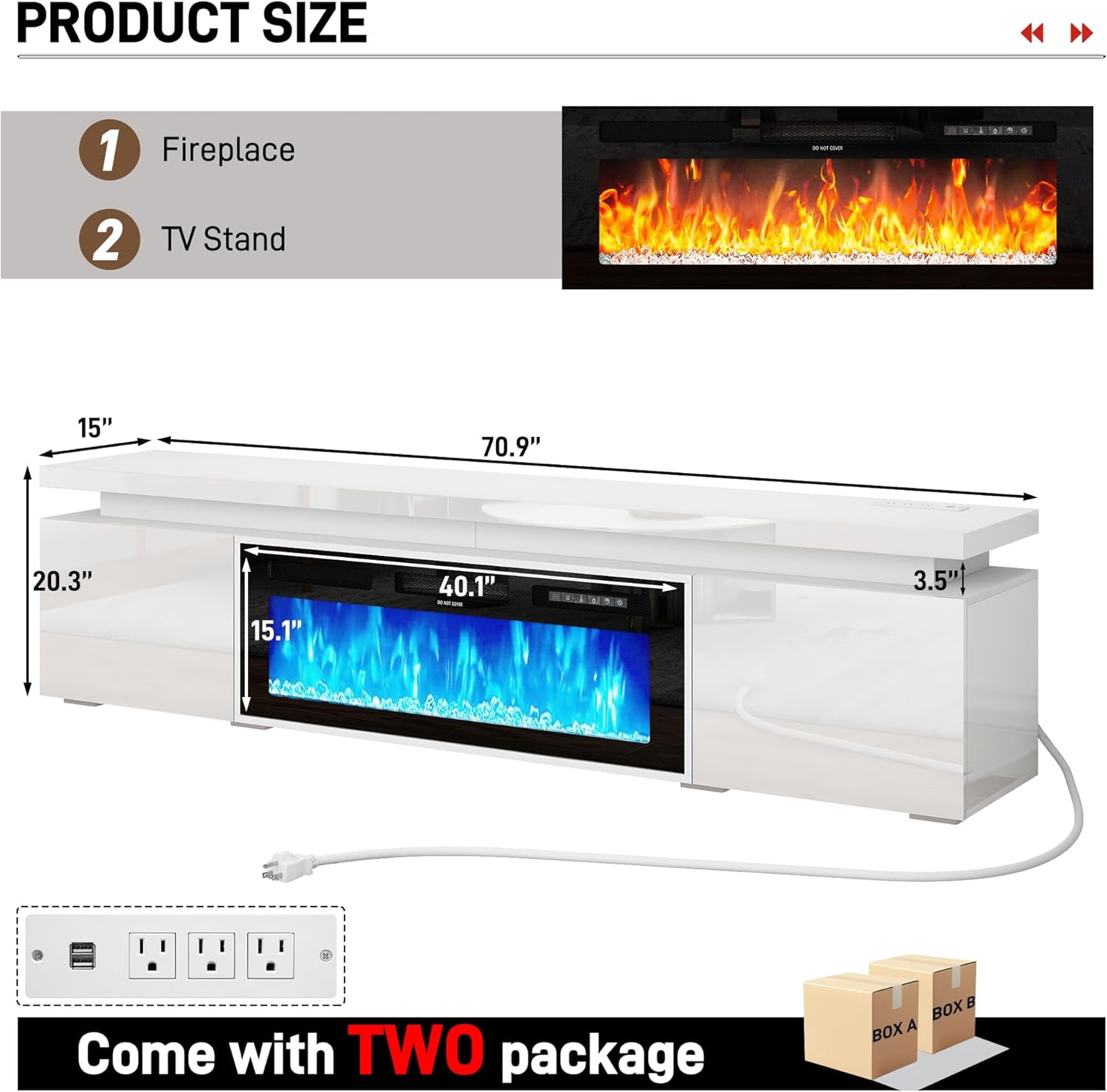 70" LED TV Stand with 40" Fireplace for Modern Living Room, Glossy Fireplace TV Stand Gaming Entertainment Center with Power Outlet for 85/80/75 Inch TVs