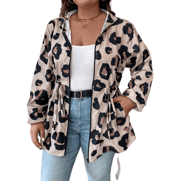 Mengpipi Women’s Plus Size Jackets Fall Spring Long Sleeve Hooded Drawstring Waist Zip Front Leopard Print Relaxed Fit Casual Lightweight Outerwear Coat 1X-5X