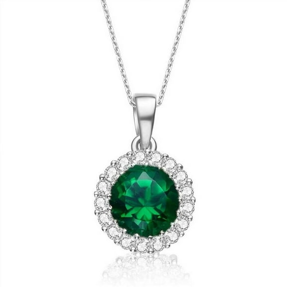 Halo Style Pendant with Round Brilliant Emerald Essence and Melee, 2 Cts.T.W.