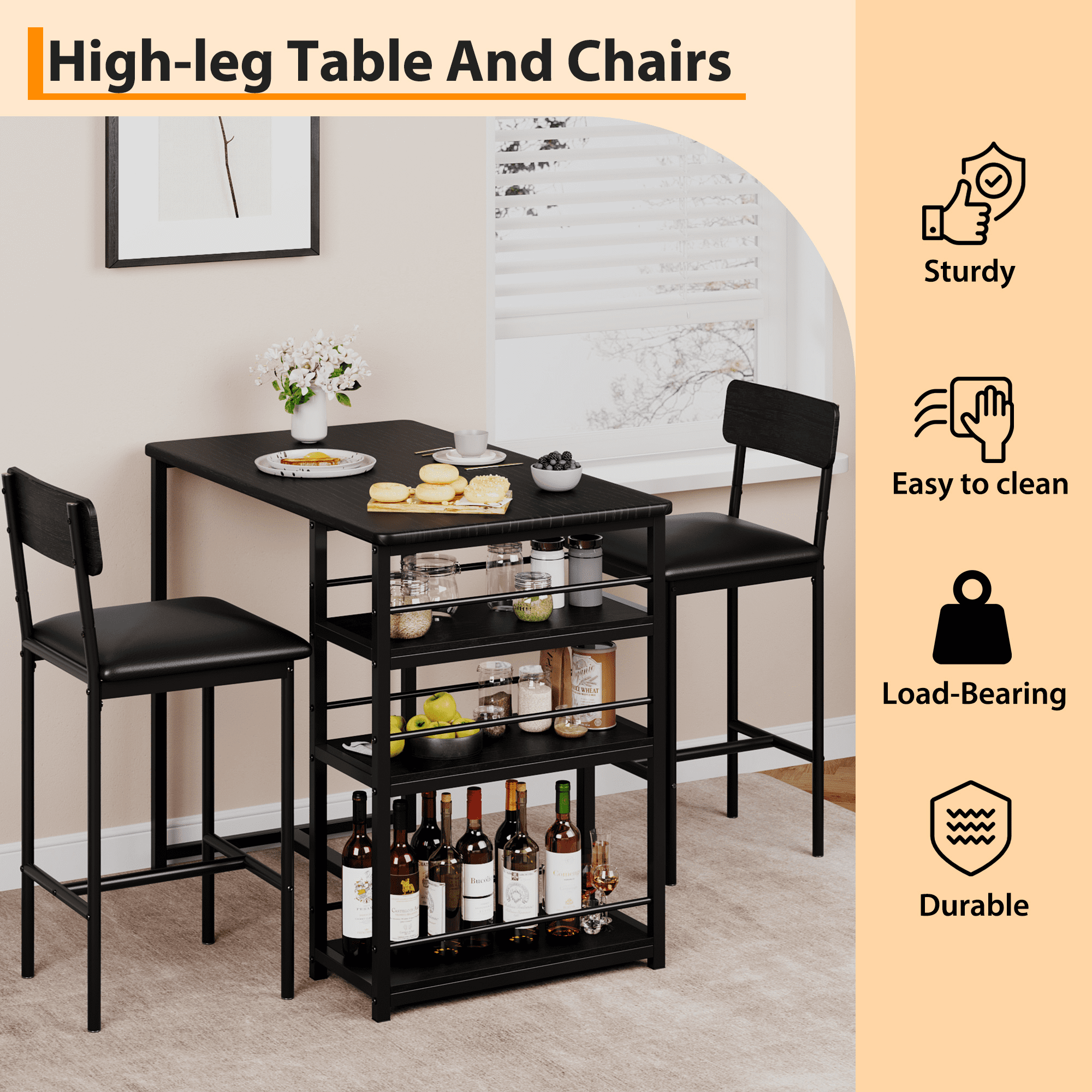 Kitchen Table Set,Dining Table and Chairs for 2,3 Piece Dining Room Table Set with 2 Upholstered Chairs,Bar Dining Table Set for Small Spaces,Apartment,Breakfast,Pub