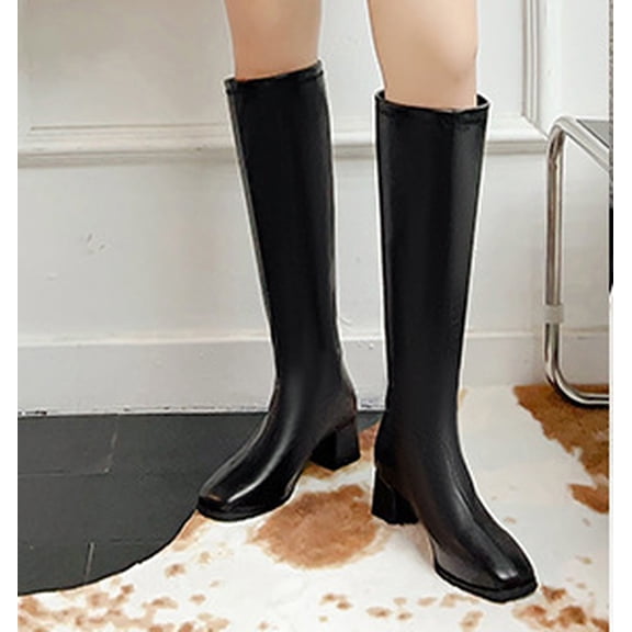 Women's Knee High Chunky Heel Boots, Square Toe Wide Calf Tall Boots with Back Zipper