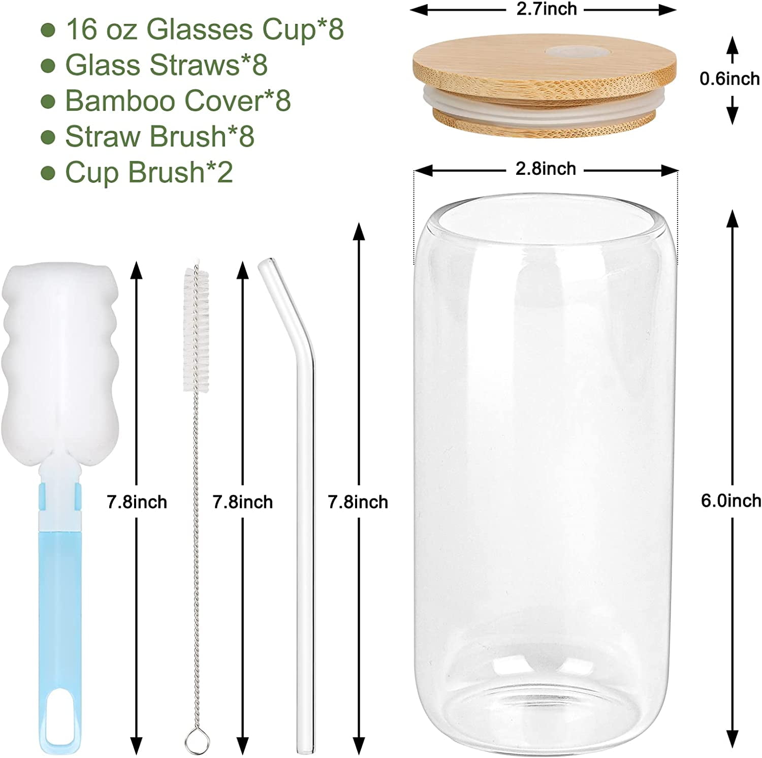 HuaQi Glass Cups with Lids and Straws 6pcs Set, Beer Glasses with