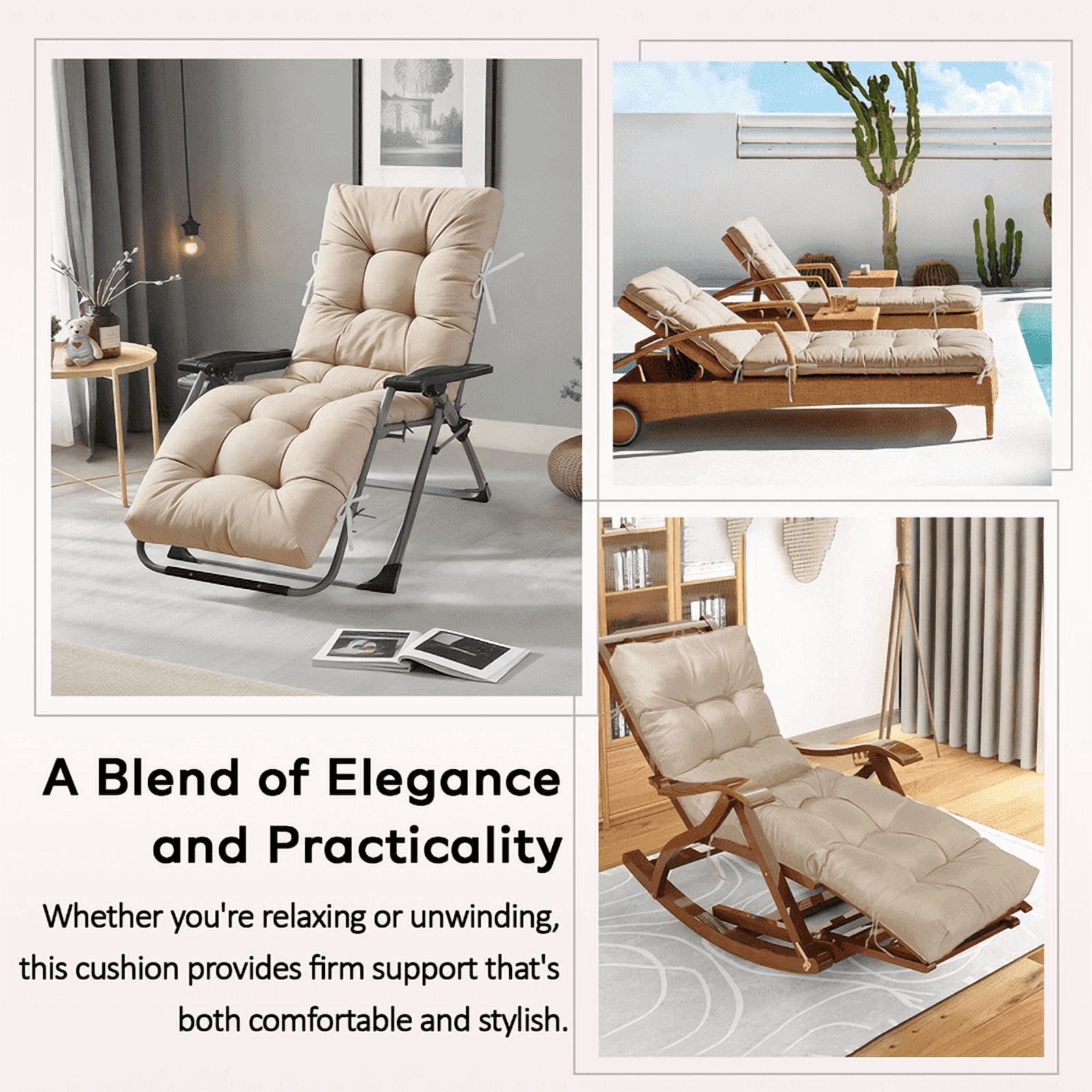 PUKNLY Chaise Lounge Chair Cushion Outdoor, 67*22*4 in Thickened Leisure Lounge Deck Chair Cushion, Waterproof & Fade-Proof Patio Pool Sun Lounger Pad with Straps, Bag, for Pool, Beach, Balcony