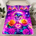 thumbnail image 2 of Sugar Skull Bed Sheets Twin Size,Colorful Rose Flower Bedding Sets 3Pcs,Bohemian Skeleton Fitted Sheet Teens Room Decor,Neon Purple Trippy Hippie Top Flat Sheet,1 Pillowcase, 2 of 6