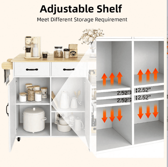 Ataucjin Kitchen Island with Wood Top and Drop Leaf Breakfast Bar Mobile Cart with 2 Door Cabinet,2 Storage Drawers,Spice Rack Towel Holder,Wine-Rack,Foldable Rubberwood Table Top,White