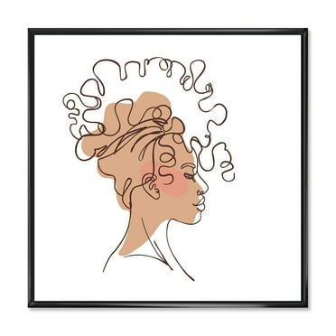 Designart 'One Line Portrait of Afro American Woman I' Modern Framed Canvas Wall Art Print