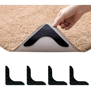 Rug Grippers,Never Curl Rug Grippers Non Slip Reusable Carpet Stickers for Area Rugs, Hardwood Floors, Tile Floors, Floor Mats, Keep Your Rug In Place And Makes Corners Flat for Corners (Black, 4Pcs)