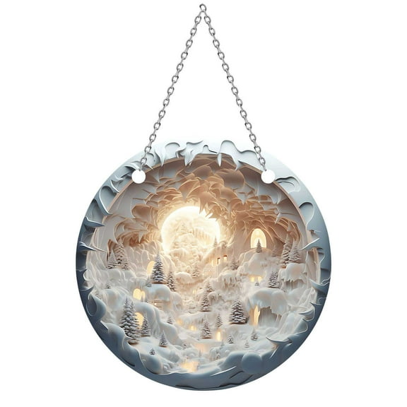 Beautynvta Round Acrylic Christmas Ornament, 7.9'' Winter Forest Snow House Hanging Ornament, Christmas Tree Hanging Ornaments, for Xmas Trees Door Farmhouse Decor