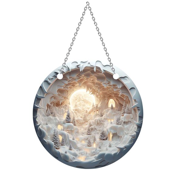 yulier Christmas Decorations Large 7.87 inch Round Acrylic Hanging Sign Christmas Winter Forest House Snow Scene Hanging Pendant Ornaments with Chain Wall Decor Christmas Gifts