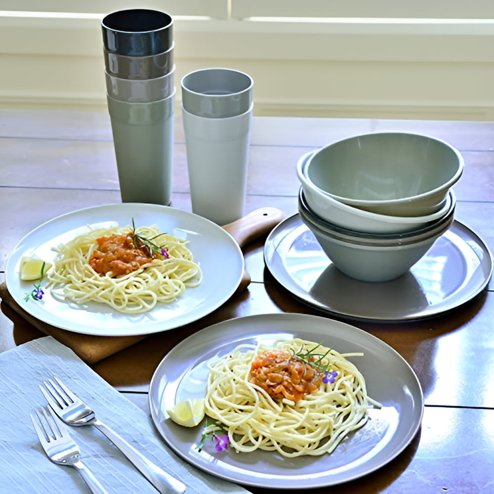 Youngever 18 Piece Plastic Kitchen Dinnerware Set, Plates, Dishes, Bowls, Cups, Service for 6 - Urban Colors