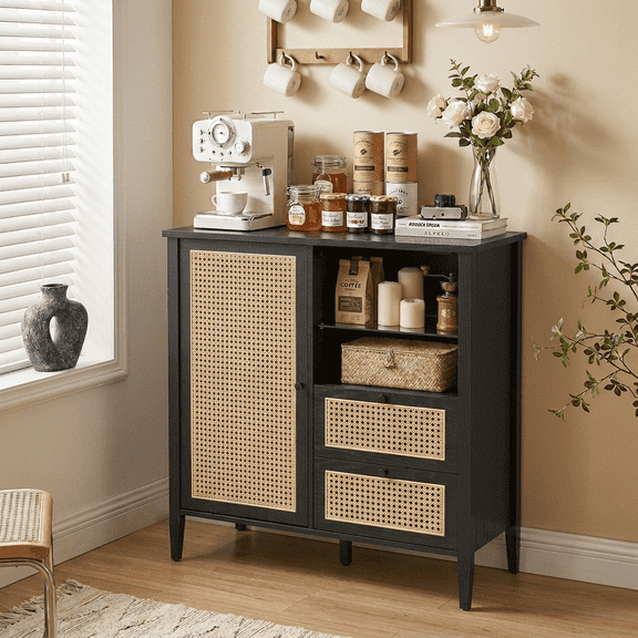 VASAGLE Kitchen Sideboard Buffet Cabinet, Boho Coffee Bar Cabinets with Adjustable Shelves, Buffet Console Table for Living Room, Kitchen, Black