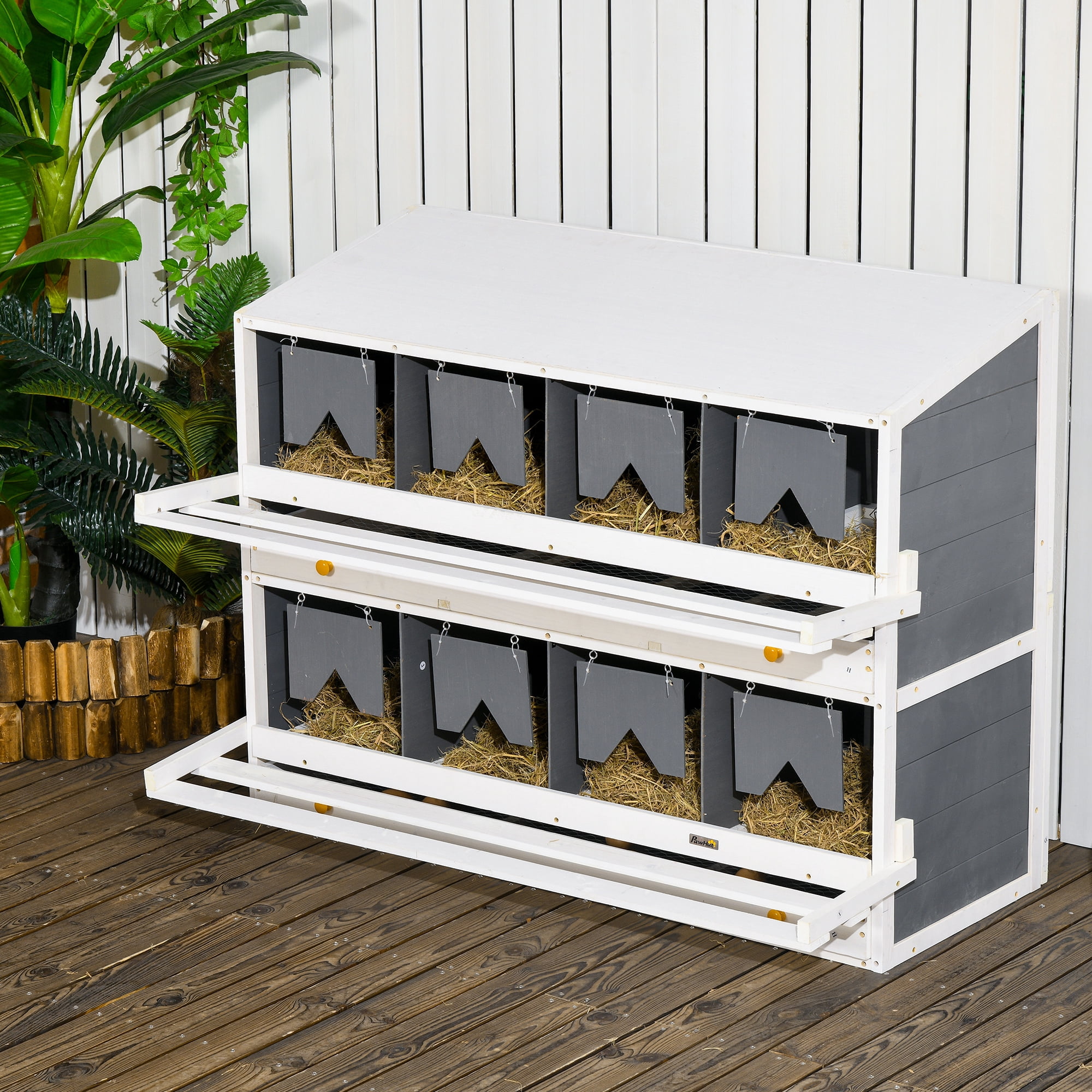 Nesting Boxes for Chickens, 8 Compartments Wood Roll Out Laying Nest Box with 2 Egg Collection Trays, 4 Perches for 16-32 Hens, Gray