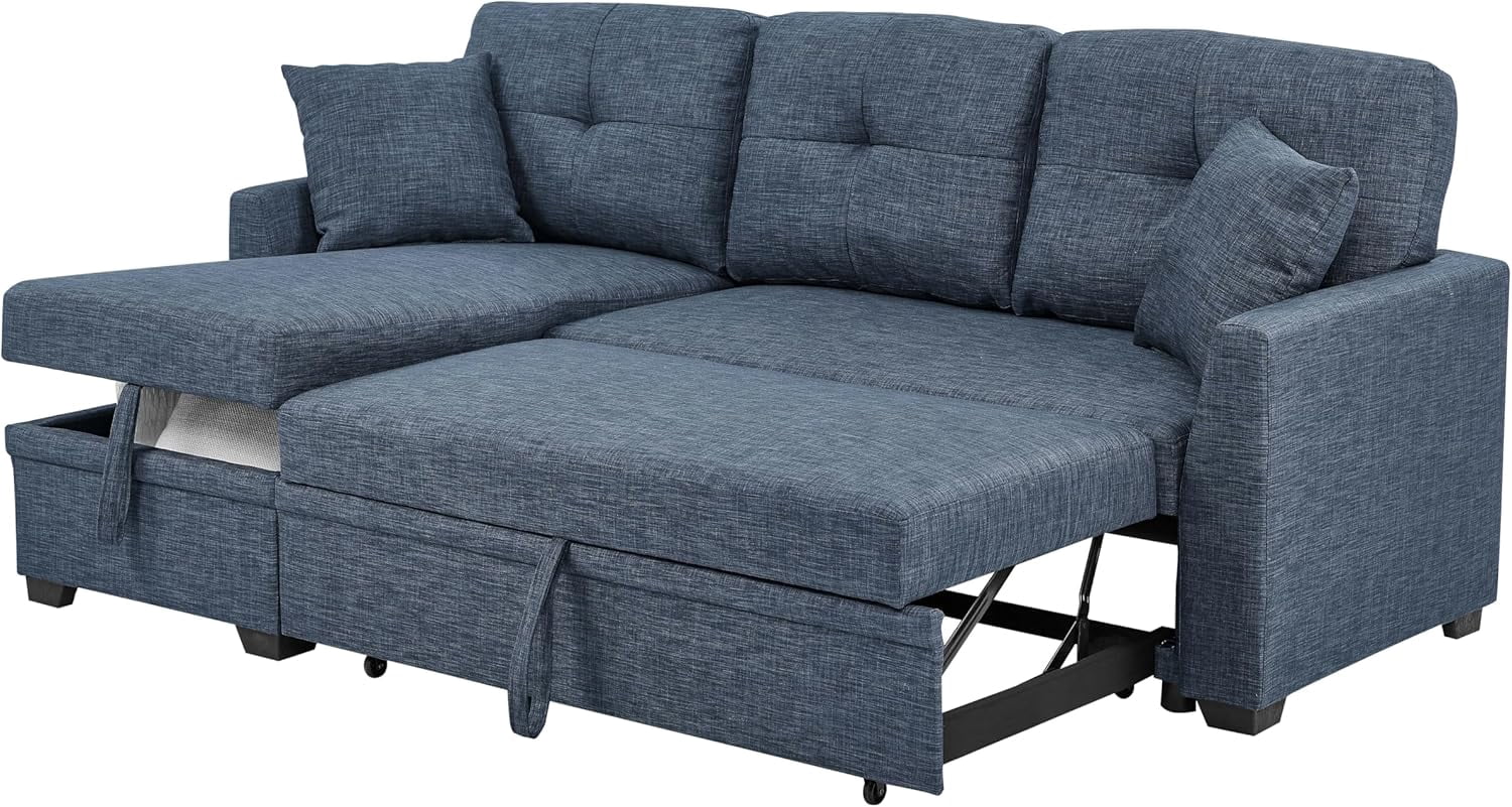 Convertible Sleeper Sofa Bed, 76.5" L Shaped Sectional Couch Pull Out Bed Reversible Storage Chaise Compact Linen Sofa Small Space Apartment Living Room,Dark Blue