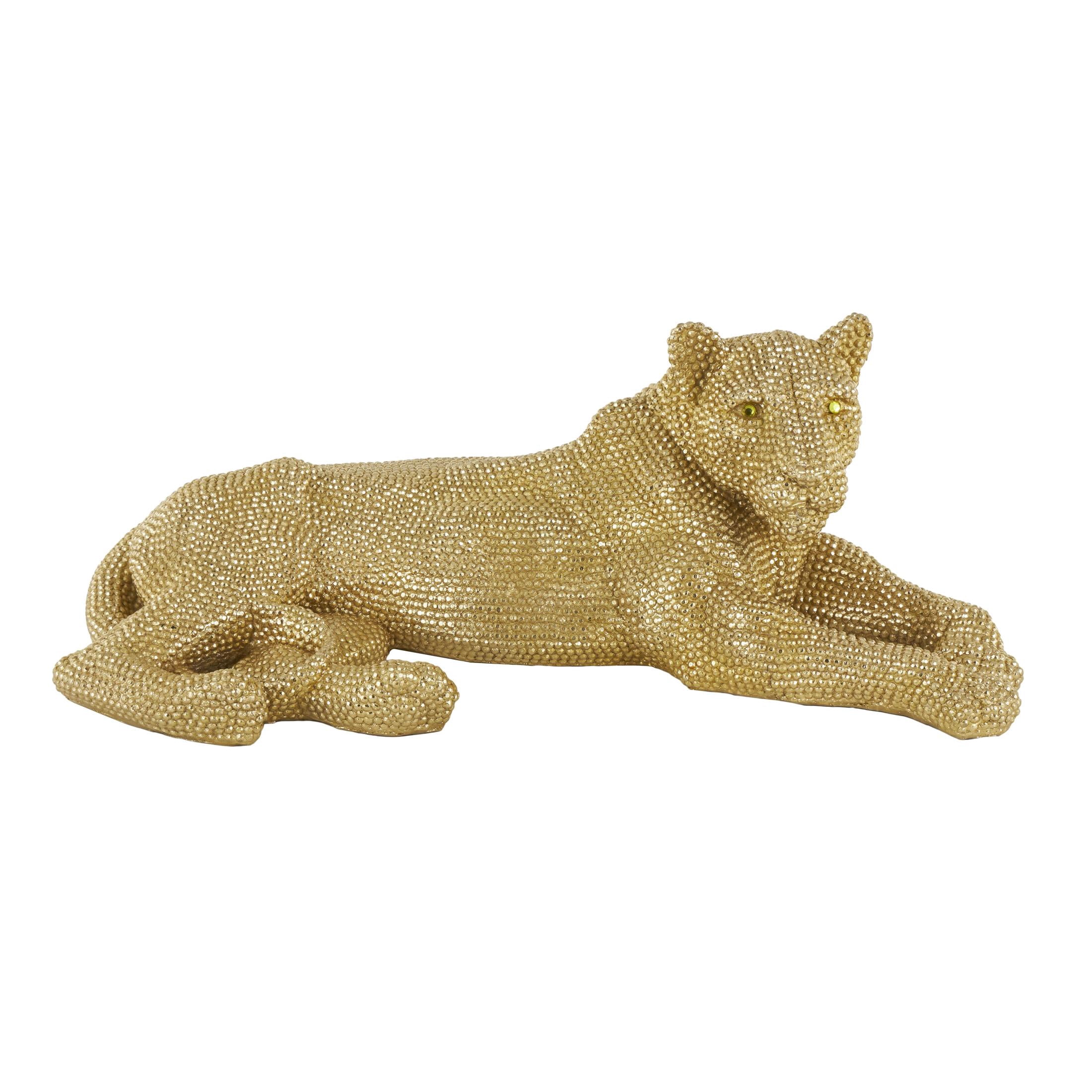 40" x 15" Gold Resin Laying Floor Leopard Sculpture with Carved Faceted Diamond Exterior, by DecMode