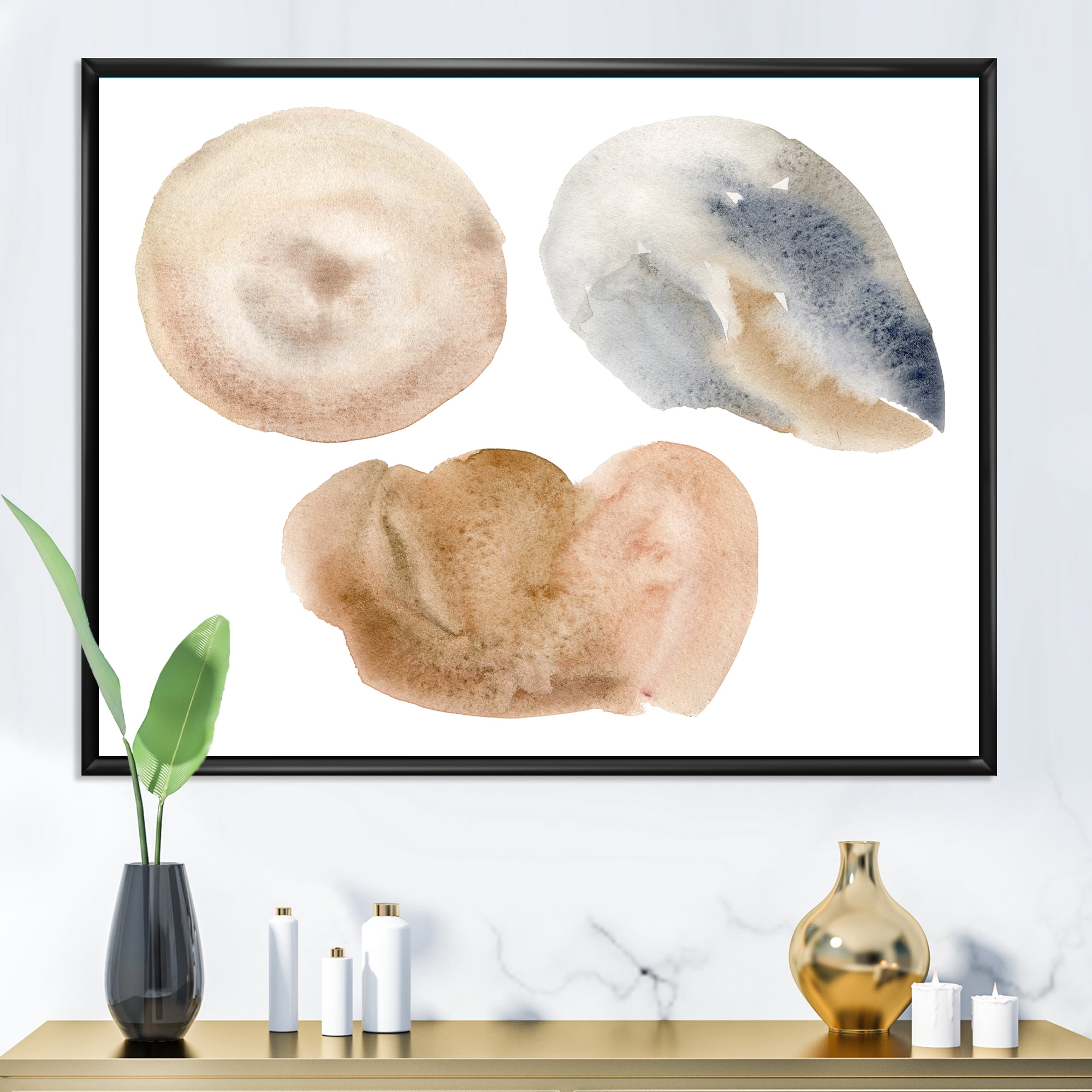 Holiday Set With Abstract Beige and Blue Circle Spot 40 in x 30 in Framed Painting Canvas Art Print, by Designart