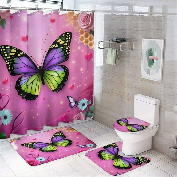 Dreamy Purple Butterfly Pattern Shower Curtain Waterproof Bathroom Curtain Set 4pcs with Hooks Rugs Mat Bathroom Curtains Home Decor