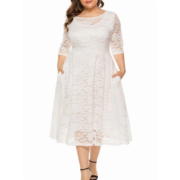 Womens Floral Lace Plus Size Midi Dress Scooped Neckline Cocktail Party Dresses White XXXL