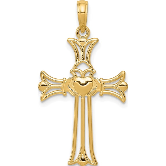 14K Yellow Gold Claddagh Cross Pendant (34 X 18) Made In Peru c4243