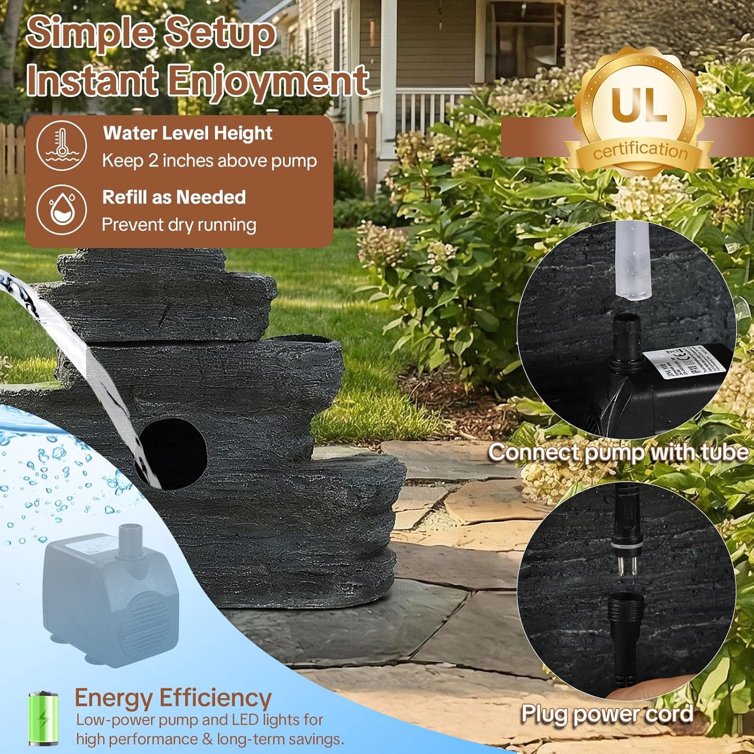 HOMEDIARY 4-Tier Outdoor Water Fountain, 29.7" L Rustic Rock Waterfall Fountain with LED Lights, Stone Texture Floor-Standing Resin Water Feature with Realistic Moss Accents for Patio, Porch & Indoor