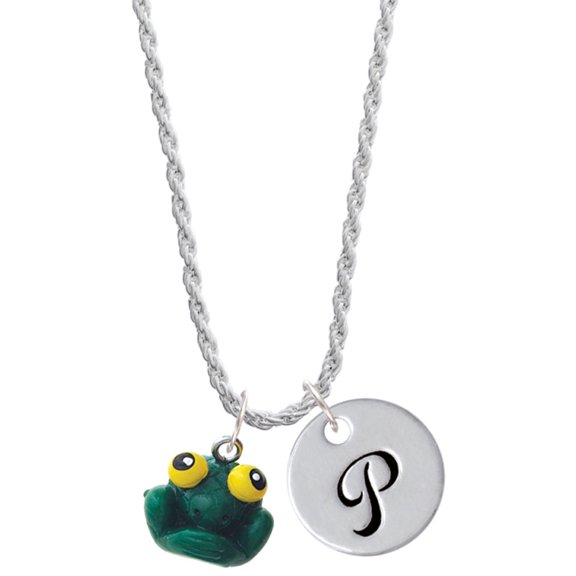 Delight Jewelry Resin Big Eyed Frog Silvertone Script Initial Disc - P - Charm Necklace, 20"+3"