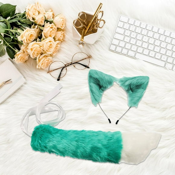Runquan Faux Fur Ears and Tail Set Adorable Ear Headband Cat Ears and Tail for Role Play