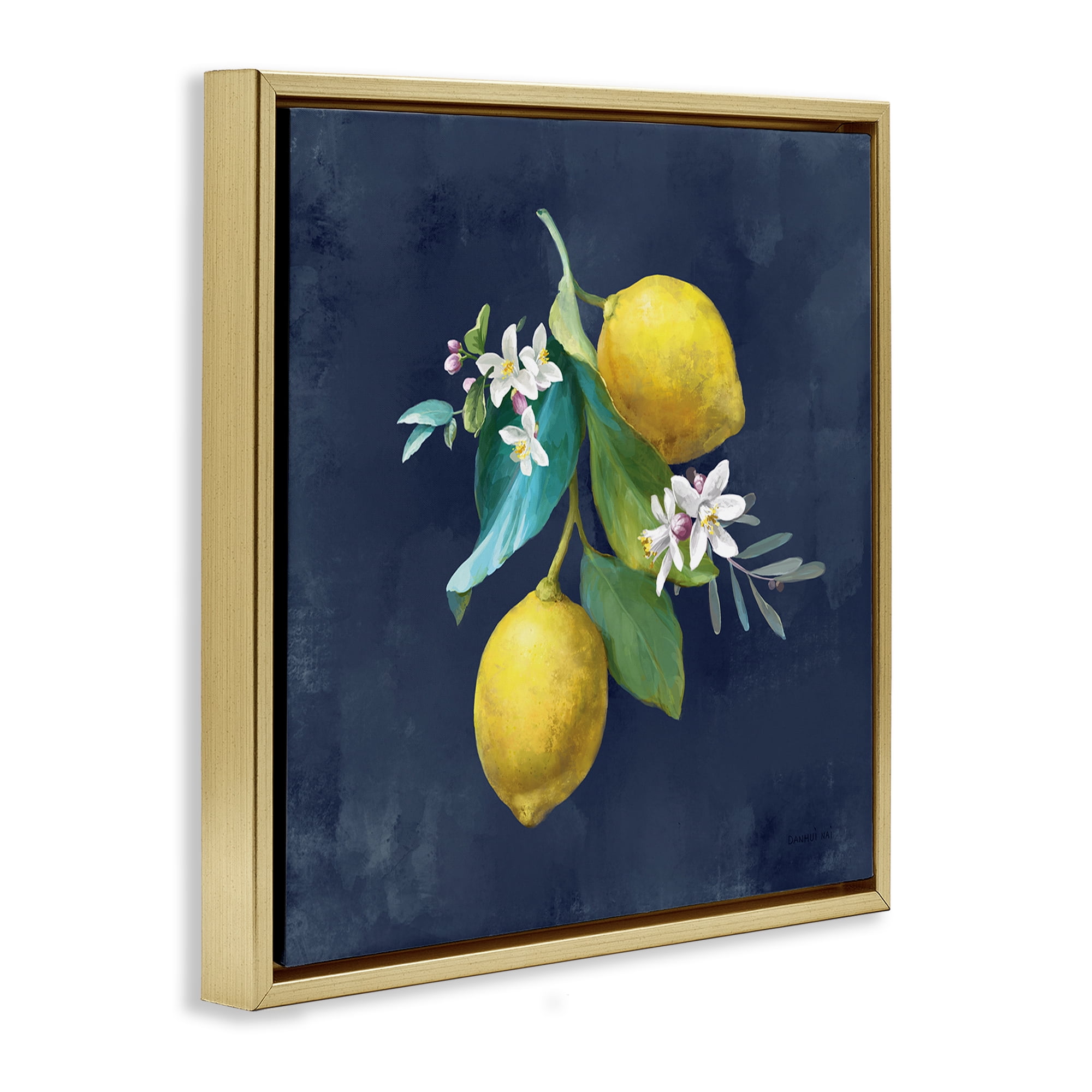 Stupell Industries Lemon Cluster on Blue Food & Beverage Painting Gold Floater Framed Canvas Art Print Wall Art, 18 x 18