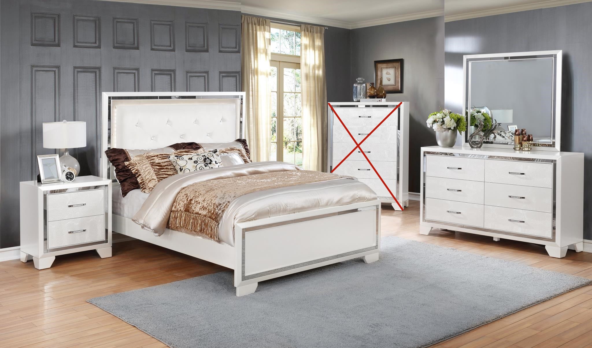 GTU Furniture Contemporary White and Silver Style Wooden King Bedroom Set (King Size Bed, 4Pc