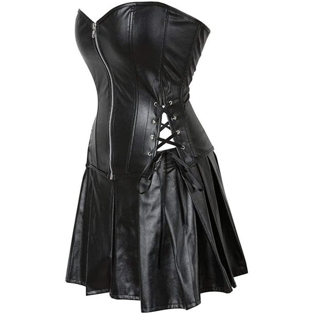 Women's Plus Size Leather Steampunk Corset Skirt Set Sexy Punk Rock Gothic  Corset Dress 