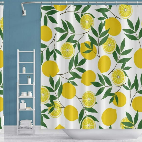 Lemon Fresh Citrus Shower Curtain - 72x72 inch Waterproof Polyester with Green Leaves for Bathroom Decor
