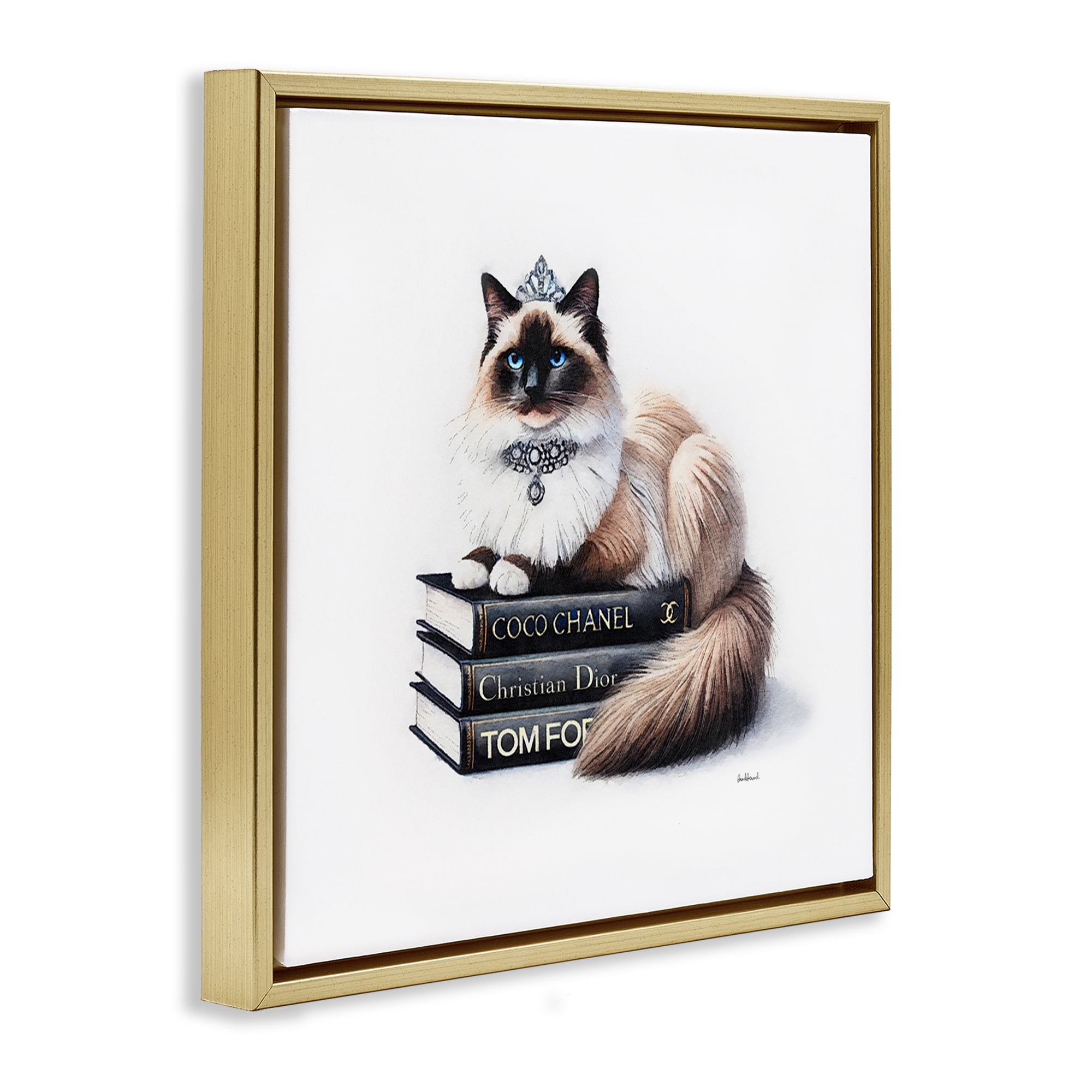 Stupell Industries Elegant Glam Cat & Books Animals Painting Gold Floater Framed Canvas Art Print Wall Art, 25 x 25