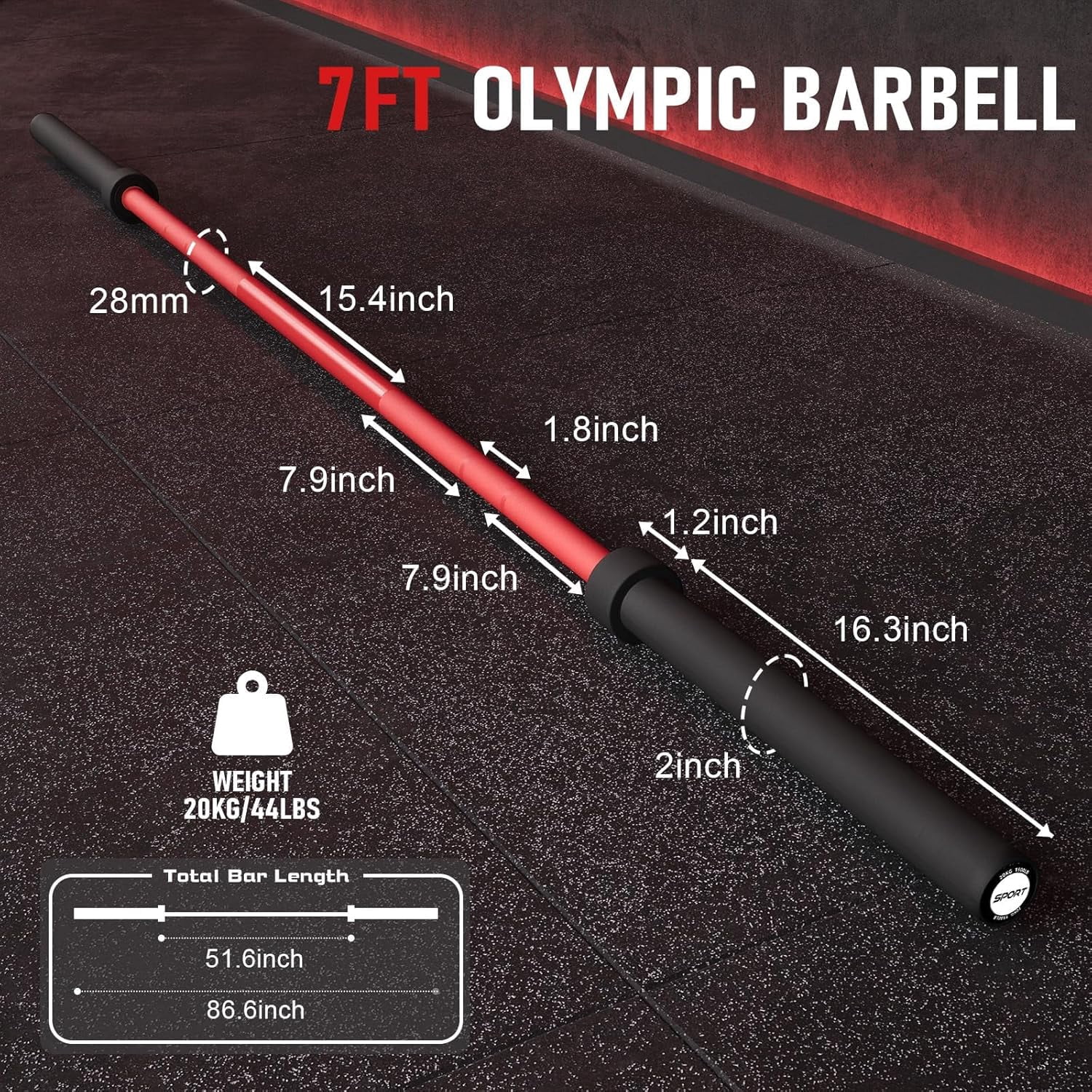 Riedhoff 2 inch x 7 ft Olympic Barbell Bars, for Weightlifting & Powerlifting, Red & Black