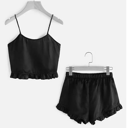 

VONCOS Women s Lace Sexy Erotic Underwear Fashion Women Sexy Top Ruffled Shorts Camisole Pajamas Underwear Set