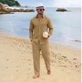 thumbnail image 2 of GrmtClth Casual Summer 2 Piece Matching Sets For Men Linen Blend Long Sleeve Button Shirt Adjustable Drawstring Straight Pants Solid Tone Seaside Daily Vacation Suit Khaki 3XL, 2 of 7