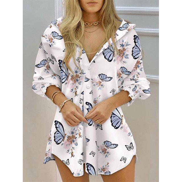 RWJDXD Nouvelle Robe Chemise Décontractée à Manches Longues Imprimée Printemps Été pour Femmes avec Col à Revers, Cardigan à Simple Boutonnage Irrégulier Mini Robe 2022